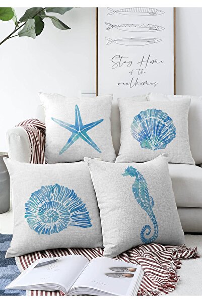 Realhomes 4'lü Çift Taraflı Deniz Canlıları Konseptli Dekoratif Raşel Örme Ya...