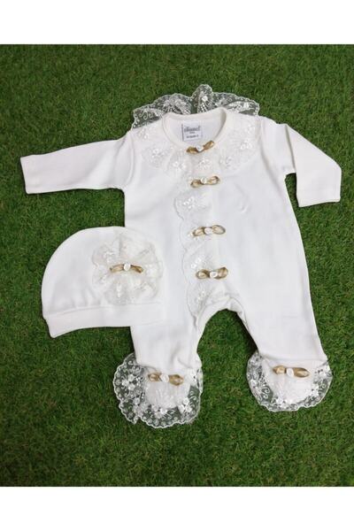 Sönmez Baby Bebek Ekru Gül ve Fiyonk Detaylı Önden Açık Penye Tulum