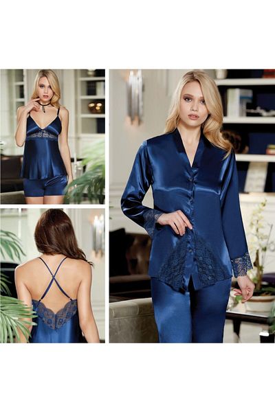 Jeremi Women's Navy Blue Satin Nightgown Set 485