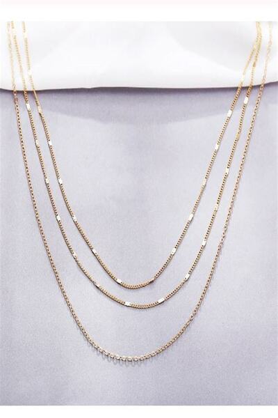 X-Lady Accessories Kadın Üçlü Şeri Zincir Kolye Gold Kaplama Katmanlı Kolye Choker Uzun Çoklu Kolye