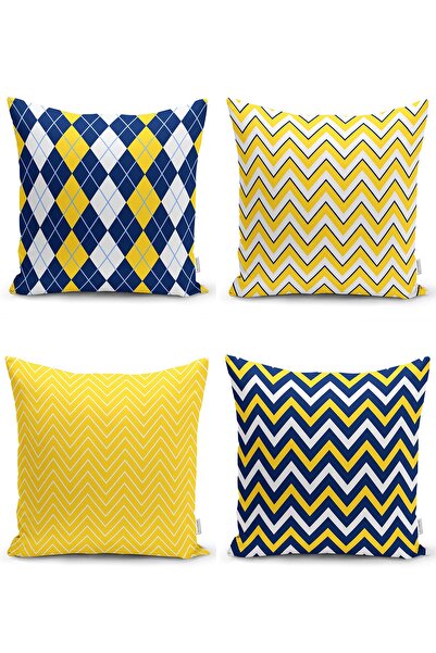 Realhomes Sarı Lacivert Zigzag Desenli Özel Tasarımlı Yastık Kırlent Kılıfı S...