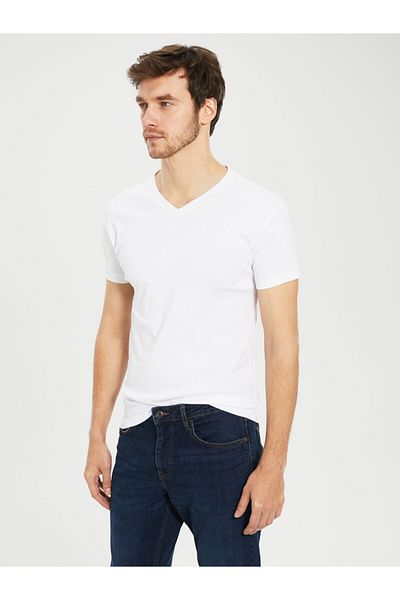 LC Waikiki Tricou alb pentru bărbați, cu decolteu în V, cu mânecă scurtă din bumbac, de la stilul tău de modă