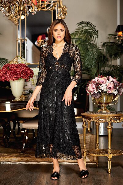 Jeremi Γυναικείο Μαύρο Σατέν Δαντελένιο Σετ Προίκας Έξι Τεμαχίων 473 Μετάξι