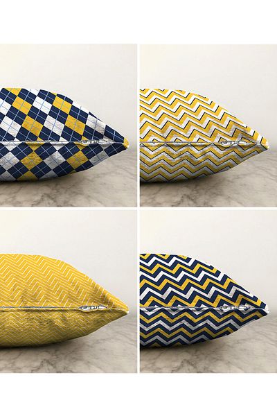 Realhomes Set de huse de pernă tricotate Raschel, 4 bucăți, cu două fețe, galben bleumarin, cu model în zig-zag, 55x55cm