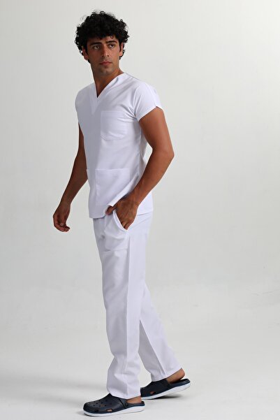 BAŞAK Men's White Batol Alpaca Fabric Doctor Nurse Uniform Set