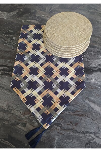 dehaberk Kare Desenli Runner 6 Adet Hasır Desen Amerikan Servis Supla Seti