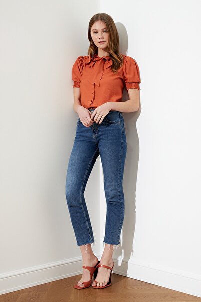 Trendyol Collection Καφέ γιακά Γραβάτα Λεπτομερές Υφαντό Πουκάμισο TWOSS21GO0125