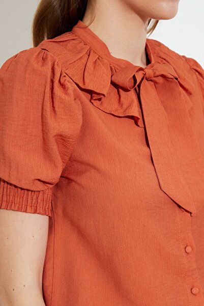 Trendyol Collection Καφέ γιακά Γραβάτα Λεπτομερές Υφαντό Πουκάμισο TWOSS21GO0125