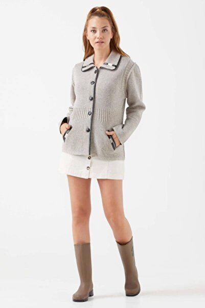 Sementa Kadın Düğmeli Triko Ceket - Vizon - Kahverengi