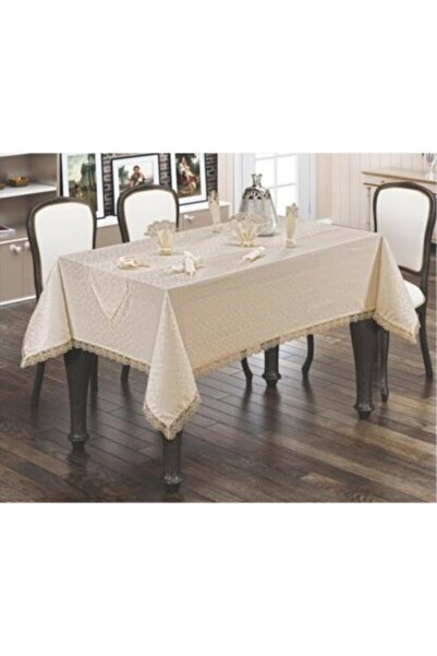 Turkuaz Fransız Güpürlü Kdk Kumaş Yemek Masası Takımı 18 Parça Runnerli