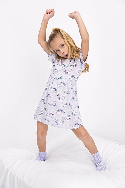 ROLY POLY Girl's Rainbow Patterned Gray Short Sleeve Dress