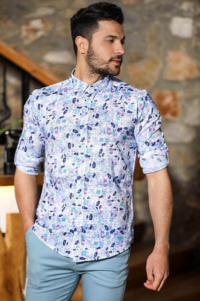 Factor Men's Blue Linen Slim Fit Foldable Sleeve Patterned Shirt F5210