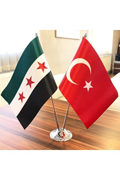 Fors Bayrak Suriye-türkiye Masa Bayrağı Krom Direkli Ikili Bayrak