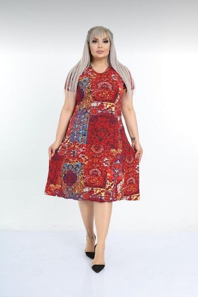 Şirin Butik Women's Large Size Red Ethnic Patterned Casual Viscose Dress