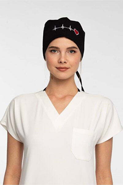 Owlet Medikal Căciulă chirurgicală neagră cu model ritm cardiac