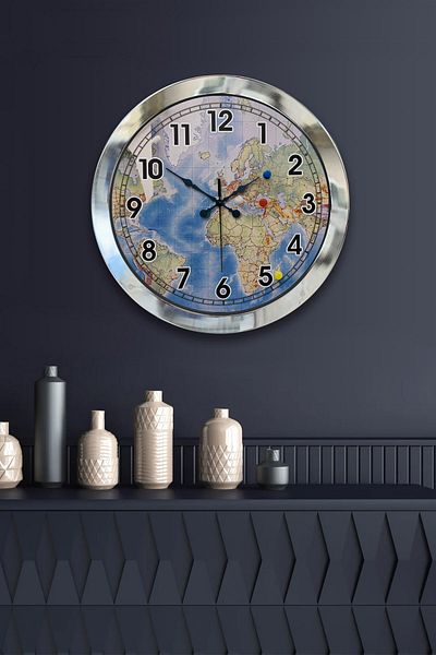 Kasva Concept Gift 36 cm Chrome Metal Map Wall Clock