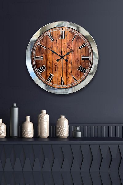 Kasva Concept Gift 36 cm Chrome Metal Wooden Look Wall Clock