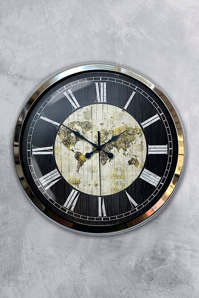 Kasva Concept Δώρο ρολόι τοίχου 40 εκ. Χρώμιο Μεταλλικό Παγκόσμιο Χάρτη