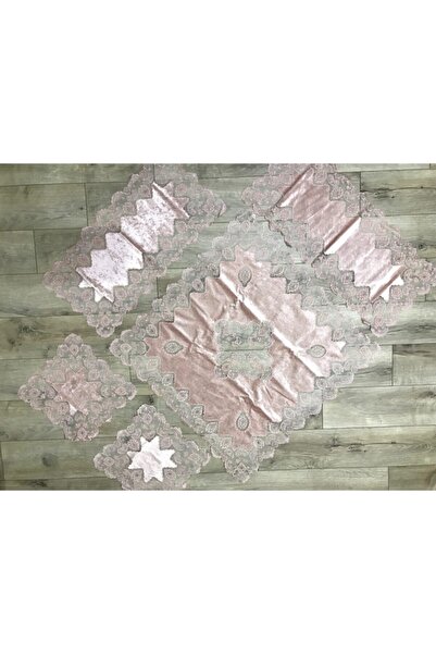 bursa çeyiz Pudra Azra Kadife Fransız Dantelli 5 Parça Salon Takımı