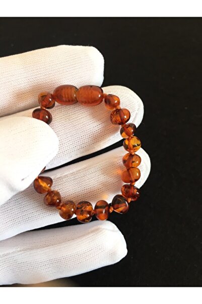 İpek Kehribar سوار أطفال من العنبر البلطيقي المعتمد، لون الكونياك، سوار من العنبر المقطوع بالباروك