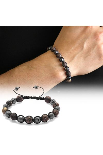 Tesbihane Macrame Braided Globe Cut Matte Ceyd-Facetated Hematite Combination Natural Stone Bracelet