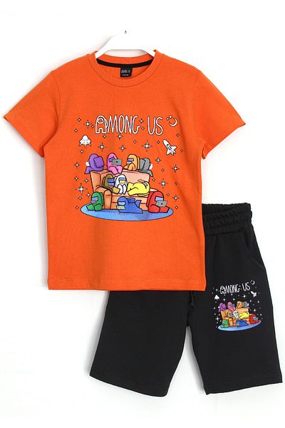 AMONG US Boy's Orange Black Characters Printed Summer Shorts Set 5-13 Years