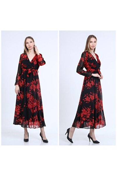 CİXAPLE Жіноча довга шифонова сукня з червоним квітковим візерунком