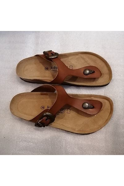 John May Unisex Genuine Vaketa Leather Tan Bronze Metal Patterned Buckle Three Adjustable Flip Flops