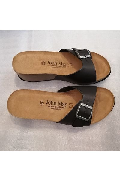 John May شبشب نسائي من جلد فاكيتا الأصلي بإبزيم معدني أسود وفضي وحزام واحد وكعب عالٍ