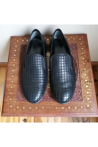 MOCASSINI Unisex Genuine Leather Black Quilted Combination Elastic Soft Flat Non-Slip Rubber Sole Loafer Shoes