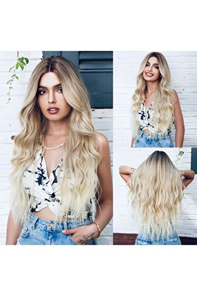 Makromehome Küllü Kumral Platin Ombreli Afro Dalgalı Uzun Yarım Ay Saç – 3 Pa...