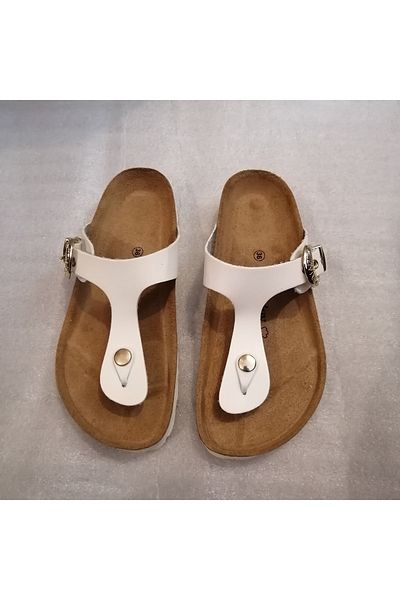 John May Unisex Genuine Vaketa Leather White Gold Metal Patterned Buckle Three Adjustment Flip Flops
