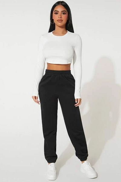 MODAGEN Women's Black Solid Color Elasticized Oversize Sweatpants