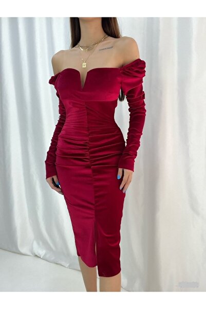 Secret Passion Lingerie Yeni Sezon Kadife Kumaş Göğüs Dekolteli Sırt Açık Yırtmaç Detaylı Midi Boy Abiye Elbise 582275 719