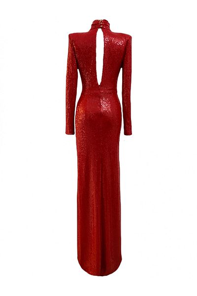TARA COŞKUNTUNCEL Red Sequin Draped Turtleneck Long Evening Dress