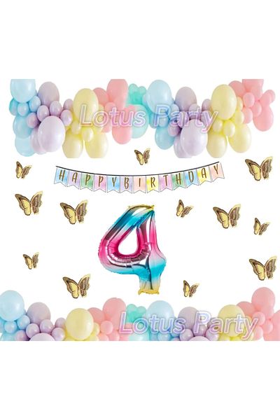 LOTUS PARTY 4 Year Old Birthday Set Butterfly Rainbow Unicorn Concept Macaron Balloon Chain