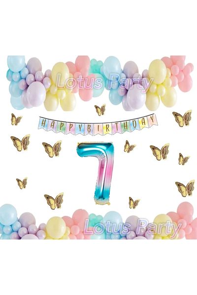 LOTUS PARTY 7 Year Old Birthday Set Butterfly Rainbow Unicorn Concept Macaron Balloon Chain