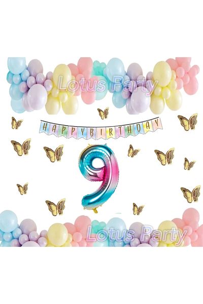 LOTUS PARTY 9 Year Old Birthday Set Butterfly Rainbow Unicorn Concept Macaron Balloon Chain