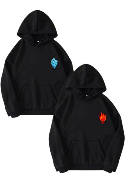 MODAGEN Lover Couple Combination Fire and Water Design 2-Piece Product Black Hooded Oversize Sweatshirt Hoodie