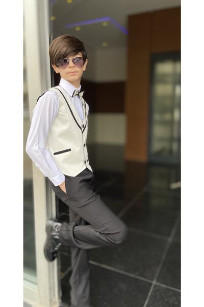 WENA KİDS Children's Vest Suit Shirt Set Collar Striped Cream