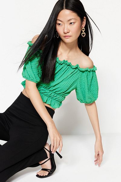 Trendyol Collection Πράσινη πλεκτή μπλούζα Carmen Collar Wrap Crop TWOSS22BZ1421