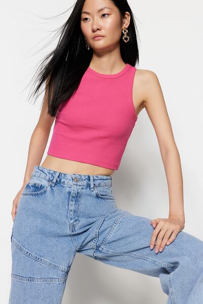 Trendyol Collection Fukszia testhez illeszkedő/testre ülő kötőfék gallér bordázott, rugalmas kötött felső TWOSS21AL0050