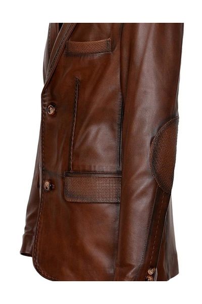 g galeriaa Buttoned Brown Color Men's Leather Coat Blazer with Stitching Detail