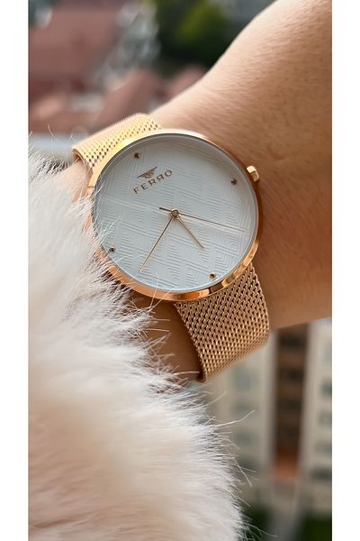 FERRO Brand Rose Steel Mesh Band Waterproof Women's Wristwatch