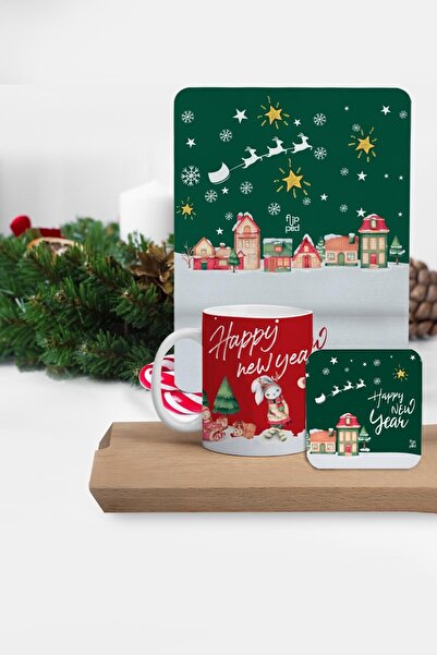 Flipped Happy New Year G Kare Mousepad, Kupa Ve Bardak Altlığı Seti