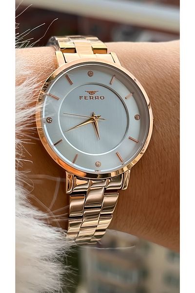 FERRO Brand Rose Color Steel Strap Waterproof Women's Wristwatch