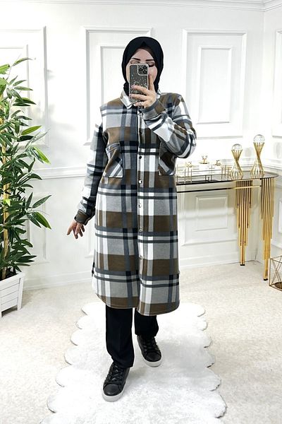 Aşkı Endam Plus Size Ayşil Oversize Πουκάμισο Χοντρό Fleece - Καφέ με δύο ρίγες