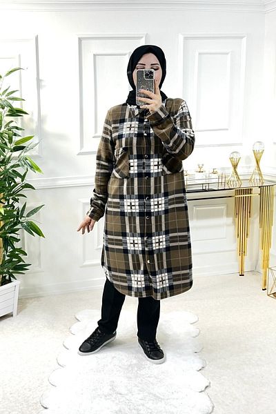 Aşkı Endam Μεγάλο μέγεθος Ayşil Oversize Πουκάμισο Thick Fleece - Καφέ Παράθυρο