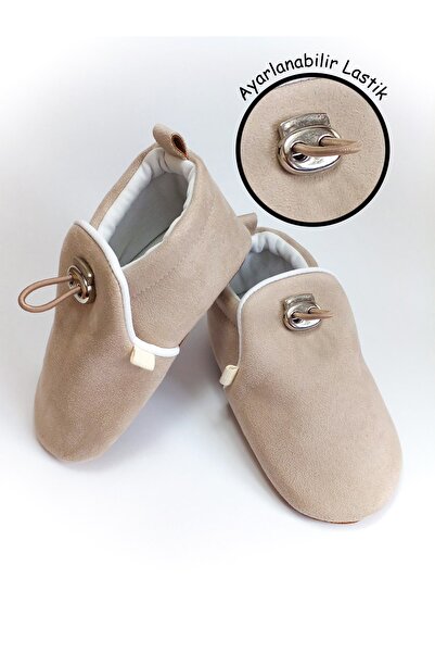 Tiny Feet Bej Kadife Kaydırmaz Taban, Ayarlanabilir Lastikli Bebek Patik, Kre...