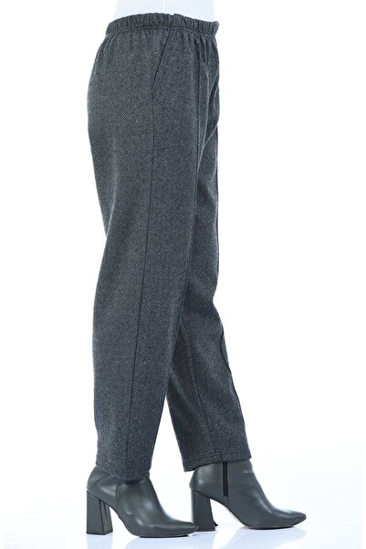 Modakenti Large Size Pocketed Winter Elastic Stitched Trousers - Smoked Herringbone